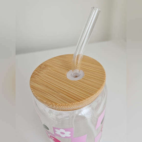 Cherry Pink Checkered 16oz Clear Beer Can Glass Cup - Picture 5 of 6